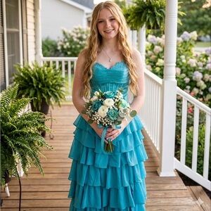 Teal deep turquoise Tiered Ruffle Prom Gown with slit Sz 0 NWT never worn!